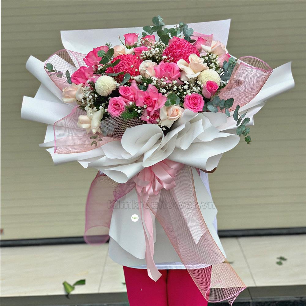 bó hoa hồng dâu mix cúc mẫu đơn hồng - tặng hoa cho mẹ