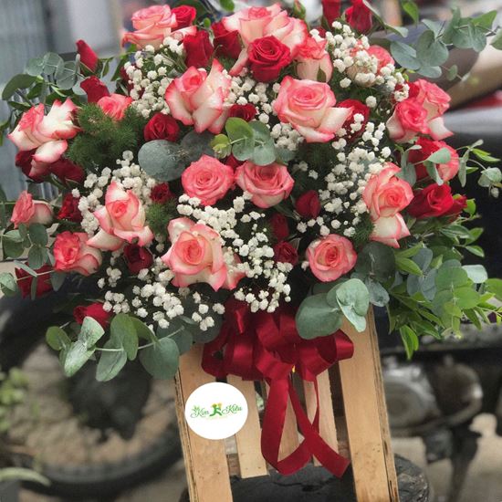 Hoa giỏ hồng lửa, hồng đỏ- HG04