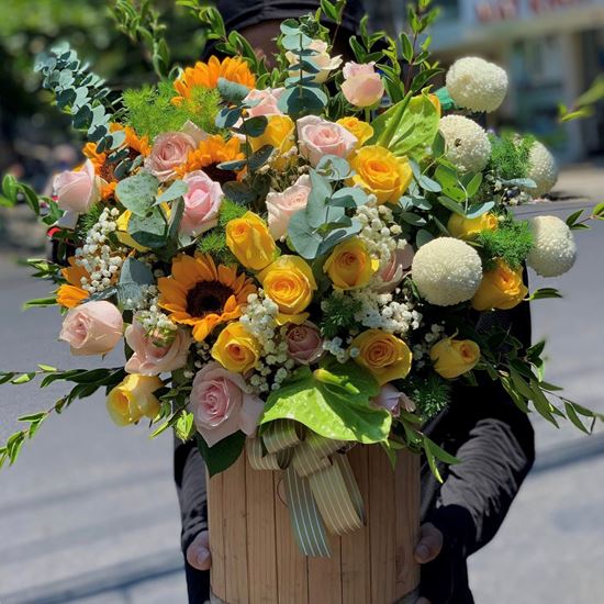 Hoa giỏ hồng vàng, pingpong trắng- HG36