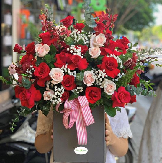 Hoa giỏ hồng kem,đỏ mix lan- HG37