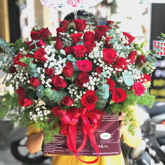 Hoa giỏ hồng đỏ mix baby-HG44