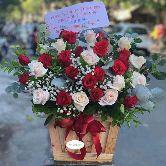 Hoa giỏ hồng đỏ,kem- HG74
