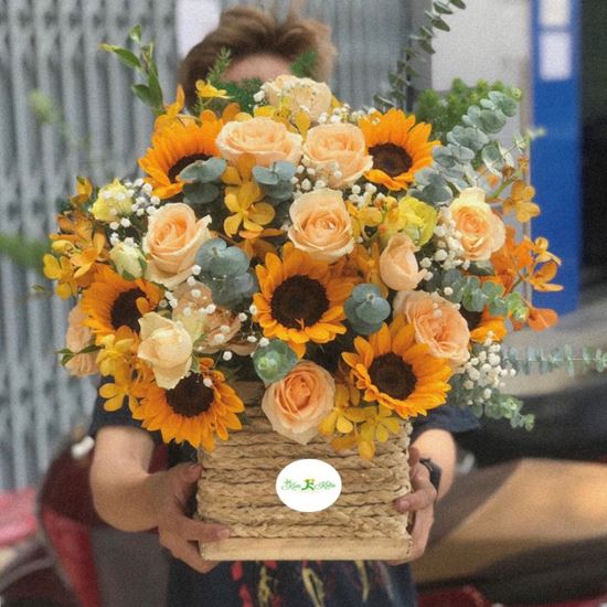 Hoa giỏ hướng dương, hồng mỡ gà- HG87