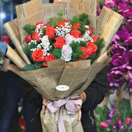 Bó hồng đỏ cam,kem mix baby-  HB26