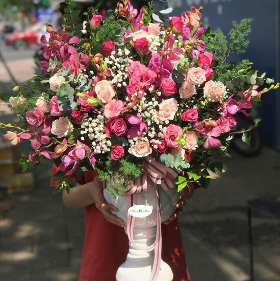 Bình hoa hồng, lan tím -BI17