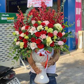 Bình hoa cát tường xanh, lan đỏ mokara-BI42