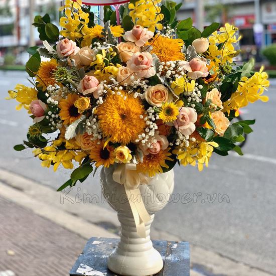 Bình hoa hướng dương kép mix hồng juliet cam-BI44