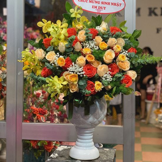 Bình hoa hồng chùm,lan vàng mai-BI47