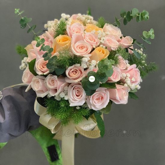 Bó hoa cưới hồng kem, mỡ gà-HC17