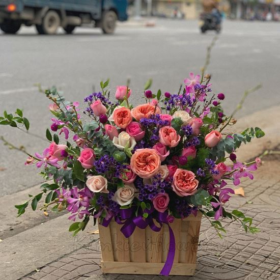 Lẵng hoa hồng ohara cam, thanh liễu tím-HG146