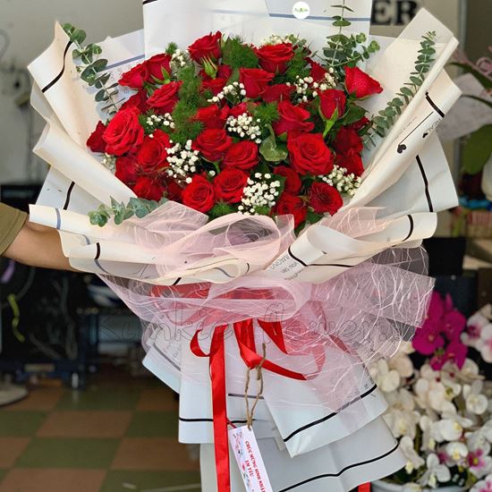 Hoa bó hồng đỏ, giấy trắng-HB105