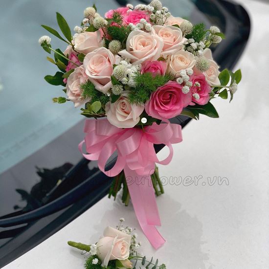 Bó hoa cưới hồng dâu, kem-HC22