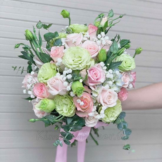 Bó hoa cưới cát tường, hồng kem dâu - HC27 