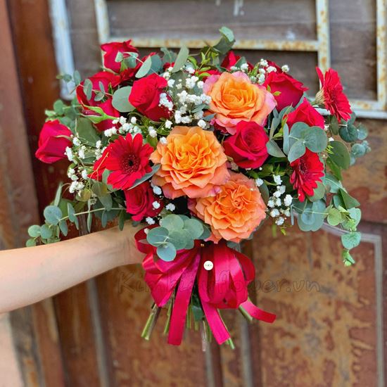 Bó hoa cưới hồng cam spirit, hồng đỏ - HC37