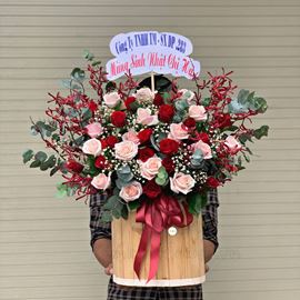 giỏ hoa hồng đỏ, kem , lan đỏ - HG267