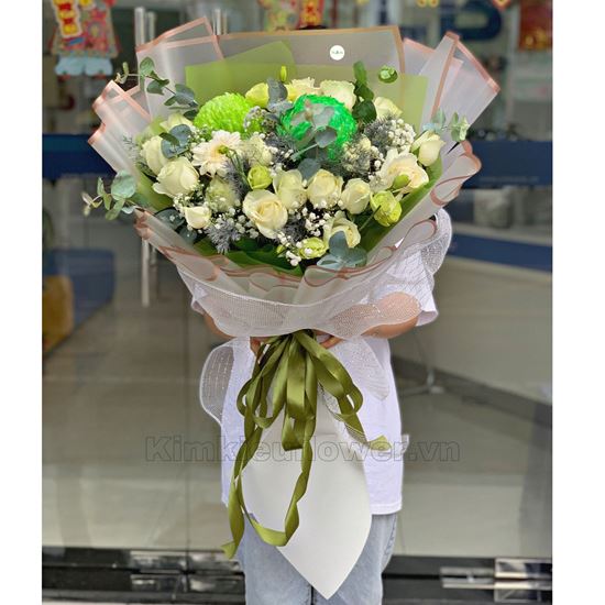 Bó hoa hồng trắng, cúc mẫu đơn xanh - HB307