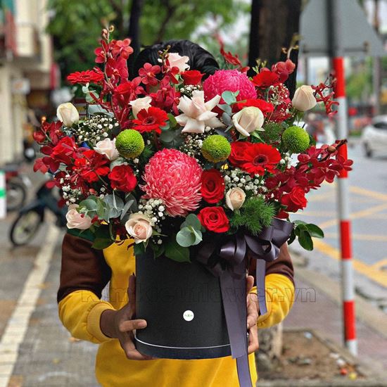 giỏ hoa cúc mẫu đơn, hoa hồng - HG310