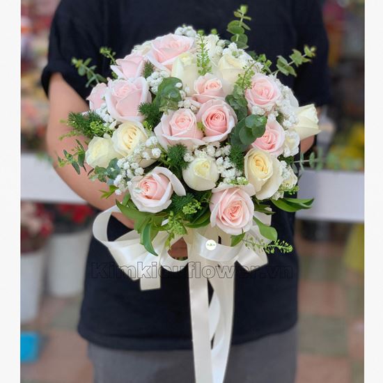 Bó hoa cưới hồng trắng, hồng kem - HC51