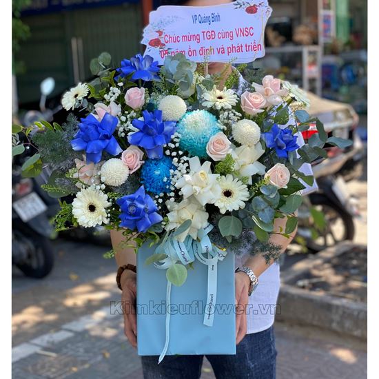 giỏ hoa cúc mẫu đơn xanh, hoa hồng xanh - HG350