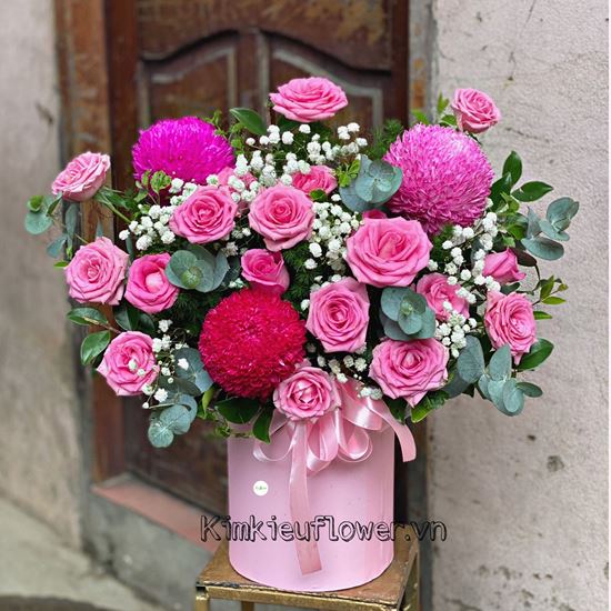 Giỏ hoa hồng dâu, cúc mẫu đơn - HG398