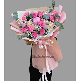 Bó hoa cúc mẫu đơn, hoa hồng  -HB454