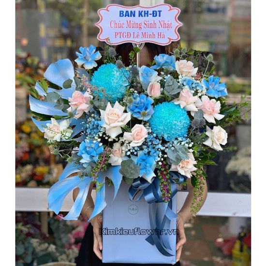 giỏ hoa cúc mẫu đơn xanh dương, hoa hồng  - HG562