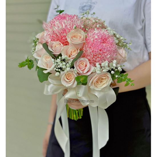Bó hoa cưới cúc mẫu đơn,hồng kem - HC80