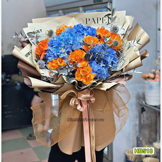 Bó hoa cẩm tú cầu xanh dương mix cam quốc vương - HB518