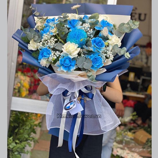 Bó hoa cúc mẫu đơn, xanh dương - HV472