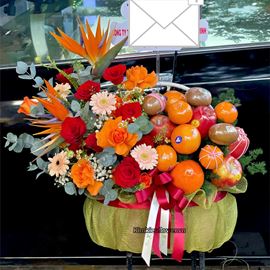 Giỏ hoa trái cây tone đỏ cam mix thiên điểu - HTC32