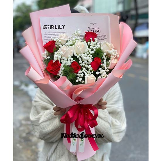 Bó hoa hồng đỏ mix hồng kem - PN100
