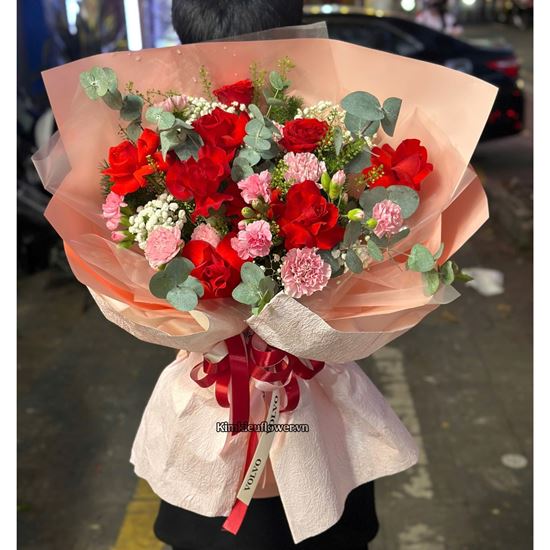 Bó hoa hồng đỏ mix cẩm chướng hồng - HB1023