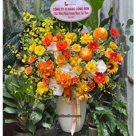 Bình hoa chúc mừng tone vàng cam mix lan vũ nữ - BI364