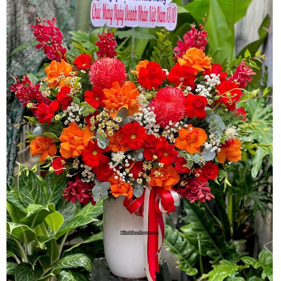 Bình hoa chúc mừng tone đỏ cam mix cúc mẫu đơn đỏ - BI365