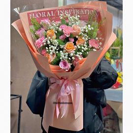 Bó hoa chúc mừng tone hồng cam mix baby - HB1041