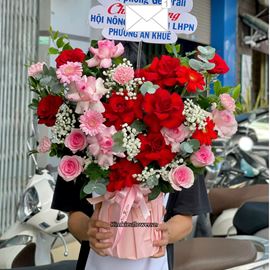 Giỏ hoa chúc mừng tone đỏ hồng mix cẩm chướng - HG967