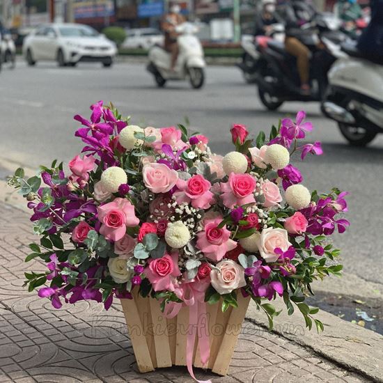 giỏ hoa ping pong trắng, hồng dâu-HG151