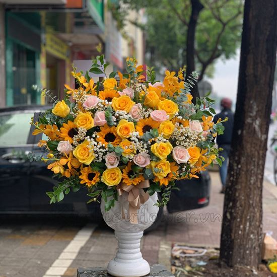 Bình hoa hồng kem,lan vàng- BI64