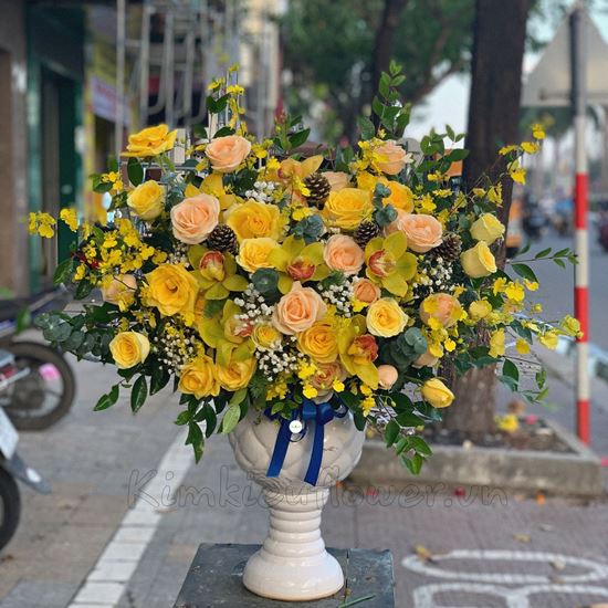 Bình hoa hồng mỡ gà, lan vũ nữ- BI70