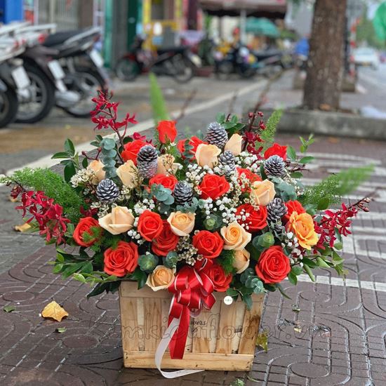 Lẵng hoa hồng mỡ gà, cam ớt- HG152