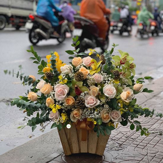 Lẵng hoa mỡ gà, địa lan - HG153