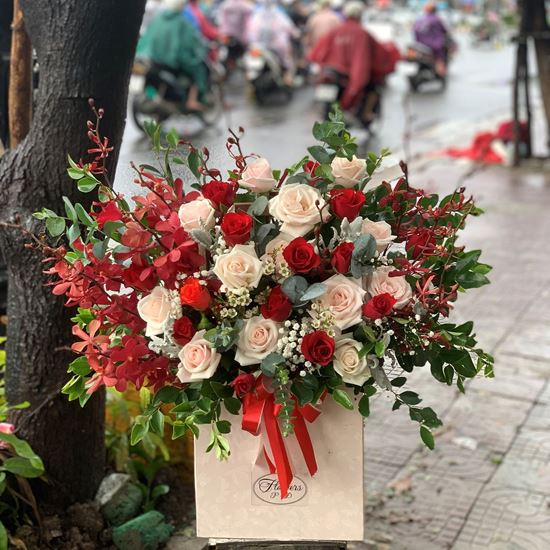 giỏ hoa hồng kem đỏ, thanh liễu - HG159