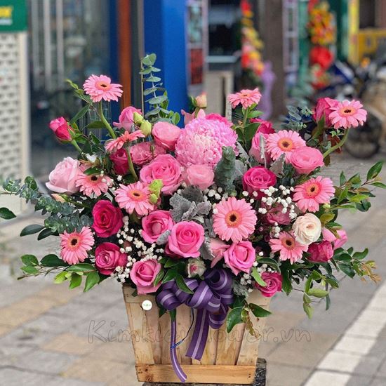 Lẵng hoa cúc mẫu đơn, đồng tiền nhí hồng- HG167