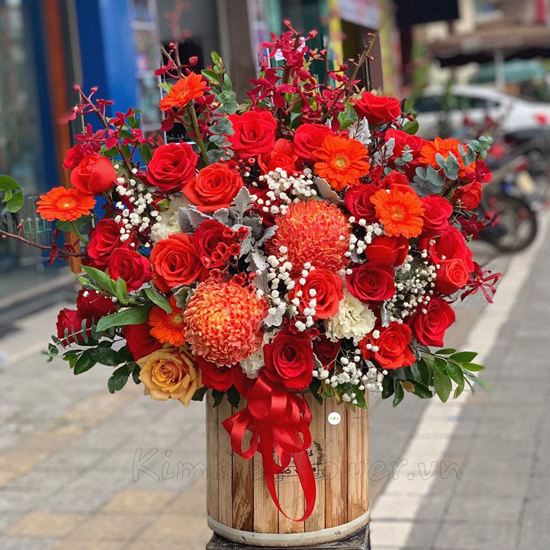 Lẵng hoa cúc mẫu đơn đỏ, đồng tiền-HG170