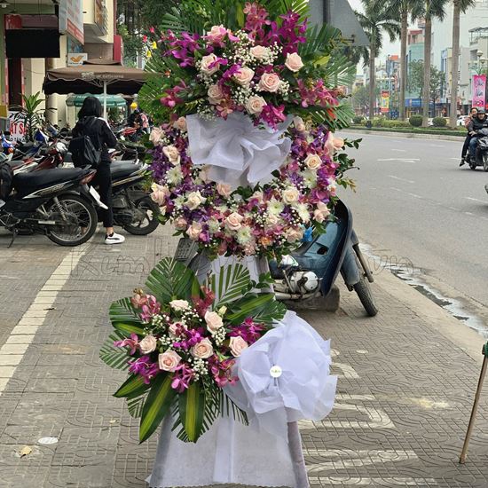 Vòng hoa viếng hồng kem, lan tím - KV62
