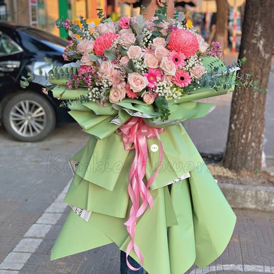 Bó hoa cúc mẫu đơn, hoa hồng pastel - HB150