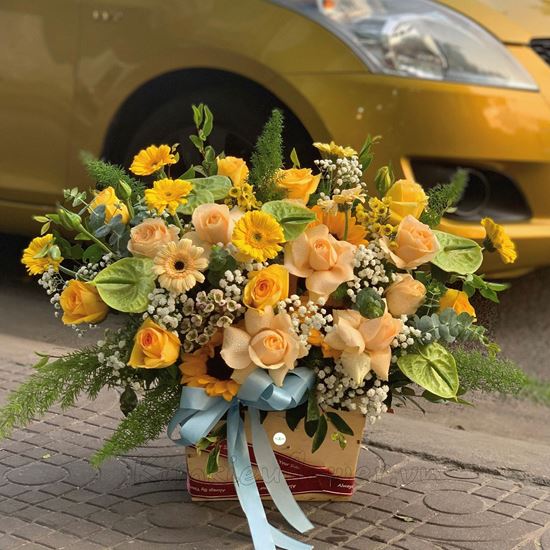 Lẵng hoa đồng tiền, hoa hồng mỡ gà - HG181