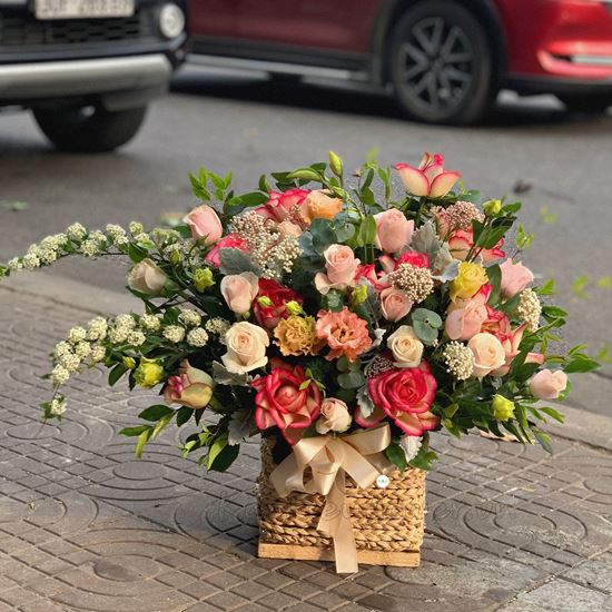 giỏ hoa hồng đại hỷ, tiểu tú cầu - HG200