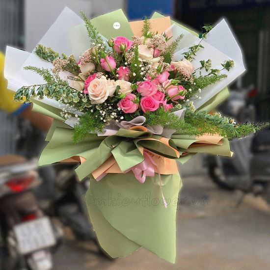 Bó hoa hồng dâu kem, tiểu tú cầu - HB189