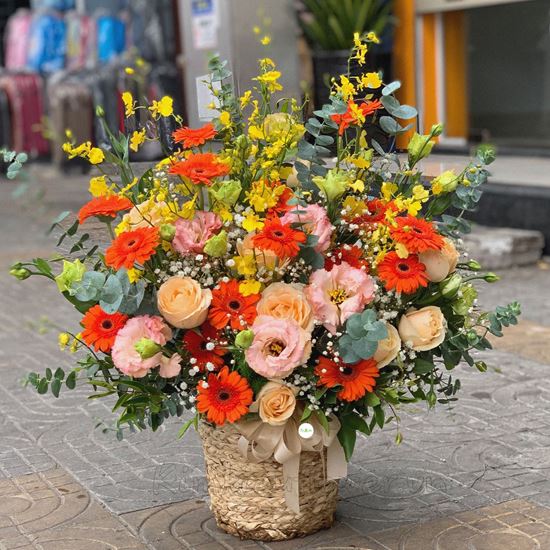 Lẵng hoa đồng tiền cam, hoa hồng - HG207